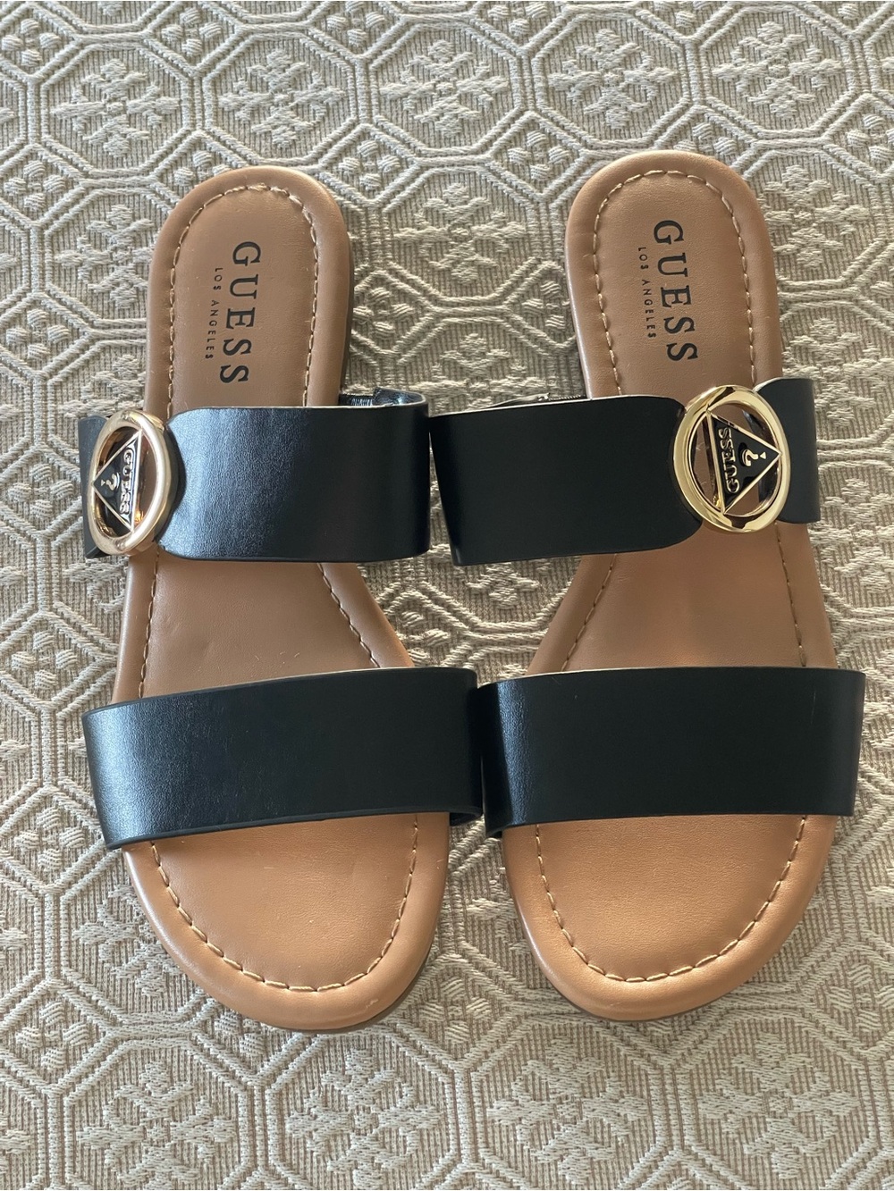 GUESS Black Leather Double-Strap Slide Sandals 7.5